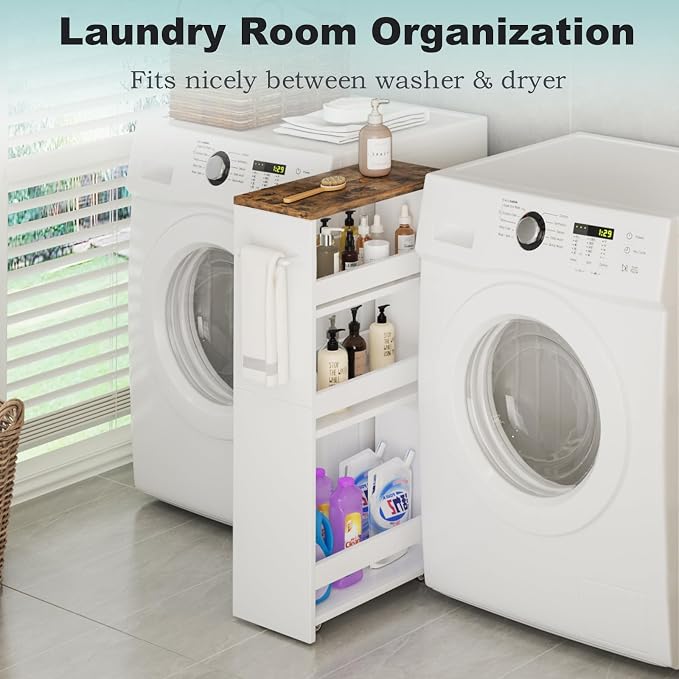 MARTY Slim Rolling Storage Cart 7.9" W Laundry Cart with Wheels,Brown+White | Narrow Utility Cart Between Washer and Dryer, 3 Tier Mobile Shelving Unit for Kitchen, Laundry, Bathroom, Office, Living Room