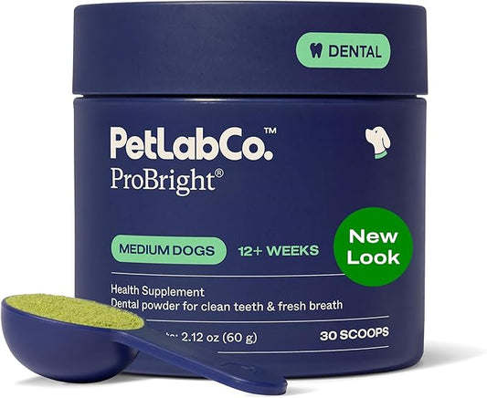 PetLab Co. ProBright Dental Powder - Dog Breath Freshener - Teeth Cleaning Made Easy – Targets Tartar & Bad Breath - Formulated for Medium Size Dogs - Packaging May Vary
