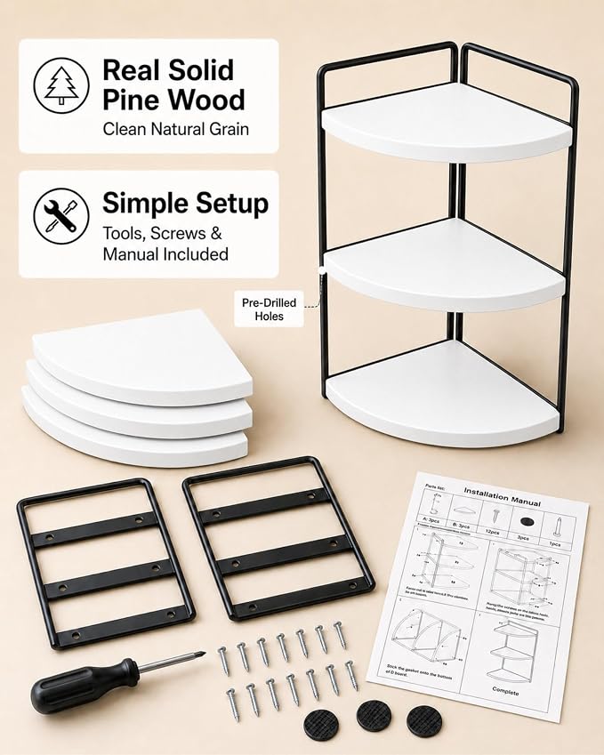 3-Tier Corner Bathroom Counter Organizer, Solid Pine Vanity Shelf, White | Solid pine 3-tier corner shelf with 6.3 in clearance for tall bottles in bathroom, vanity, kitchen, or coffee bar.