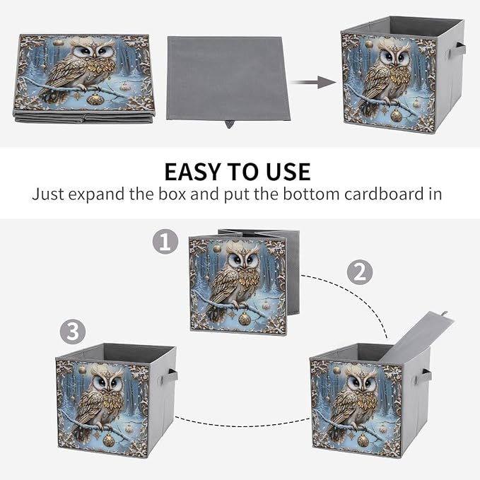 Christmas Owl Foldable Storage Bins, 10.6" Cube Storage Organizer, Sturdy Oxford Cloth Fabric Baskets for Closet, Shelf, Nursery, Bedroom, Decorative Printed Box for Toys & Clothes
