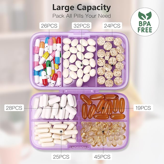 FYY Travel Pill Organizer, Large Weekly Medicine Pill Organizer-Purple | Airtight Moistureproof Medicine Case, Easy to Use, 8 Compartment Pill Box for Vitamins, Fish Oil, Supplements, Mini First Aid