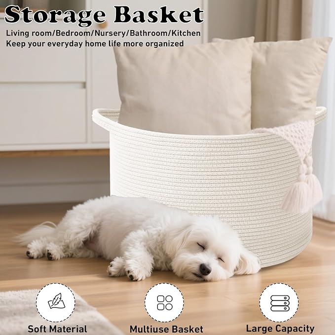 90L Large Blanket Basket,Rope WovenLaundry Basket-White | Collapsible, reinforced handles, nursery storage bin organizes clothes, toys and pillows for living room, bedroom bathroom