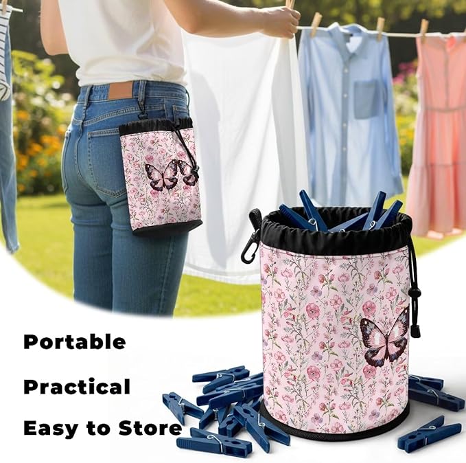 Floral Butterfly Drawstring Clothespin Organizer Bag, Laundry Peg Storage Pouch with Hanging Grommet, Portable Clips Holder for Drying, Perfect for Home, Camping & Outdoor Use