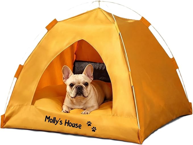Personalized Dog Cat Pet Tent for Indoor with Name & Paw Print Multicolor | Portable Foldable Pet Cave Bed, Breathable Mesh Window, Removable Washable Cushion, Ideal for Kittens, Puppies,Small Breeds