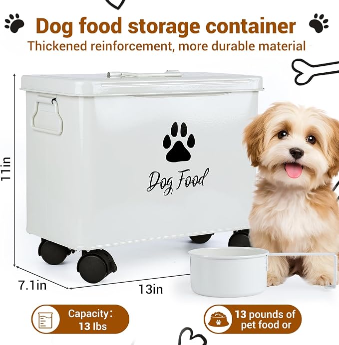 Dog Food Container 13lb, Cute Airtight Pet Food Storage Containers with Metal Lid Scoop, Black Metal Storage Bin for Dog/Cat with Wheels,Easy to Move White