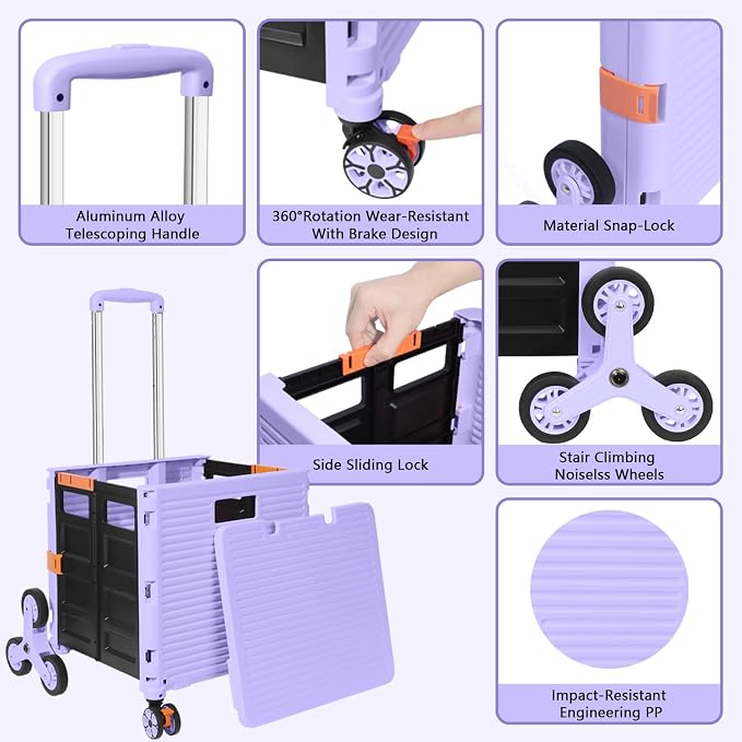 FELICON SELORSS Folding Utility Climber Cart Portable Rolling Crate-Purple | Stair Climbing Wheels+360°Swivel Wheels,Telescoping Handle,Plastic Box Dolly for Travel Shop Move Laundry Office Teacher Use