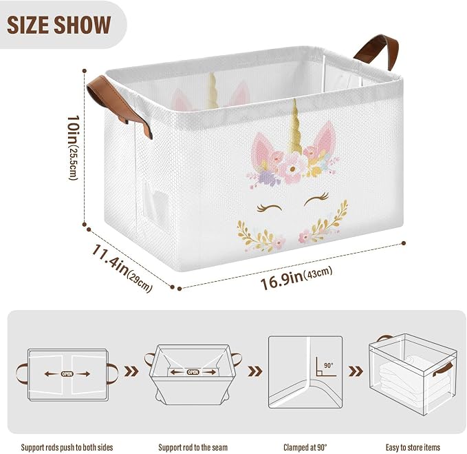 Pink and Gold Cute Unicorn Storage Basket Foldable Cube Storage Bins with Handles&Label Waterproof Collapsible Organizer Box Bin Large Rectangle Decorative Baskets for Shelves Home Room Laundry