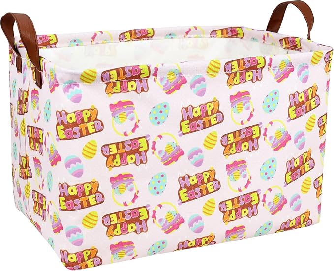 Large Empty Easter Basket for Kid Baby Rectangular Cute Easter Gift Bunny Eggs Décor Storage Basket (Pink Happy Egg)