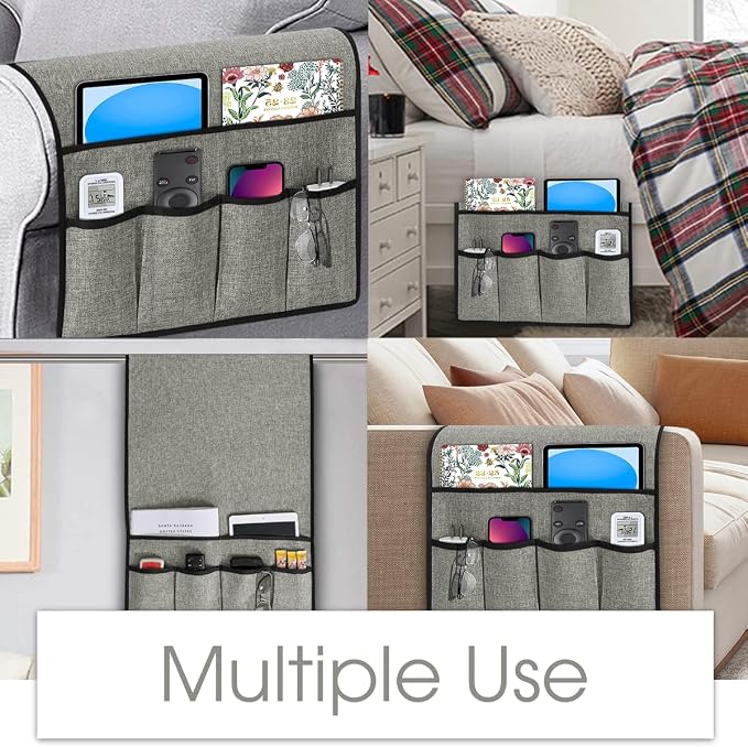 Joywell Recliner Chair Organizer Armchair Caddy Remote Control Holder for Couch Armrest Organizer Non Slip Sofa Armchair Caddie with 6 Pocket Storage for Magazine, Tablet, Phone, iPad, Light Grey
