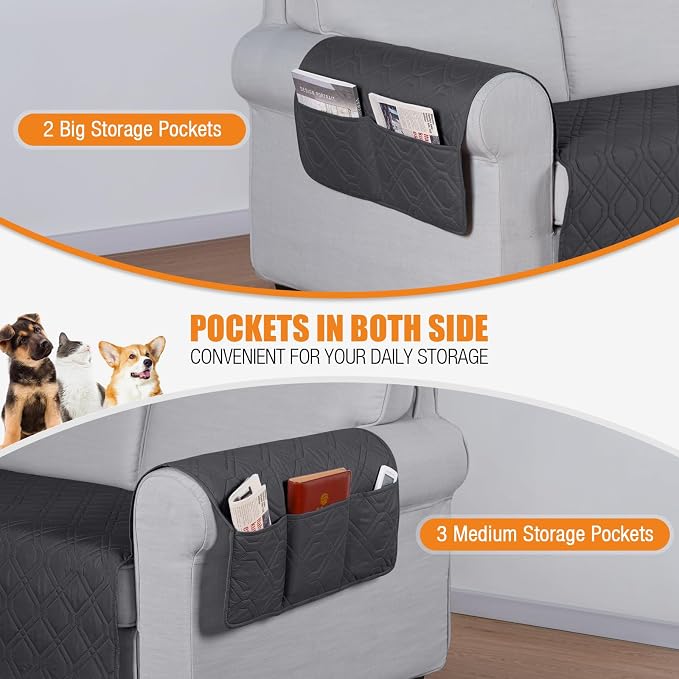 VANSOFY Waterproof Loveseat Couch Cover for Pets, Charcoal Gray, 54" | Non-Slip, Washable, Utility Pockets, Pet Friendly, Furniture Protector Slipcover for 2 Cushion Plus Couch