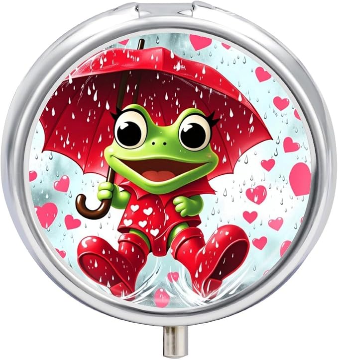 Frog Playing In The Rain Metal Round Pill Box, 3 Compartment Travel Organizer, Portable Pill Container with Secure Latch, 2 Inch Circular Vitamin Caddy for Pills And Vitamins, Gift for Him Her Elderly