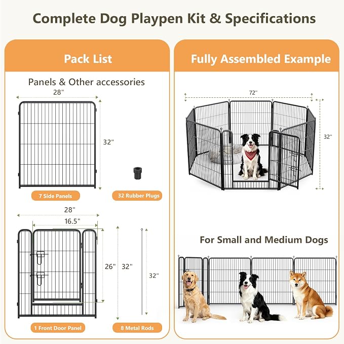 Metal Dog Playpen - 32" Height 8 Panels Foldable Exercise Pen for Dogs Indoor/Outdoor Pen with Door for Pet Animals Portable Pet Playpen Polygon Dog Enclosure (Black)