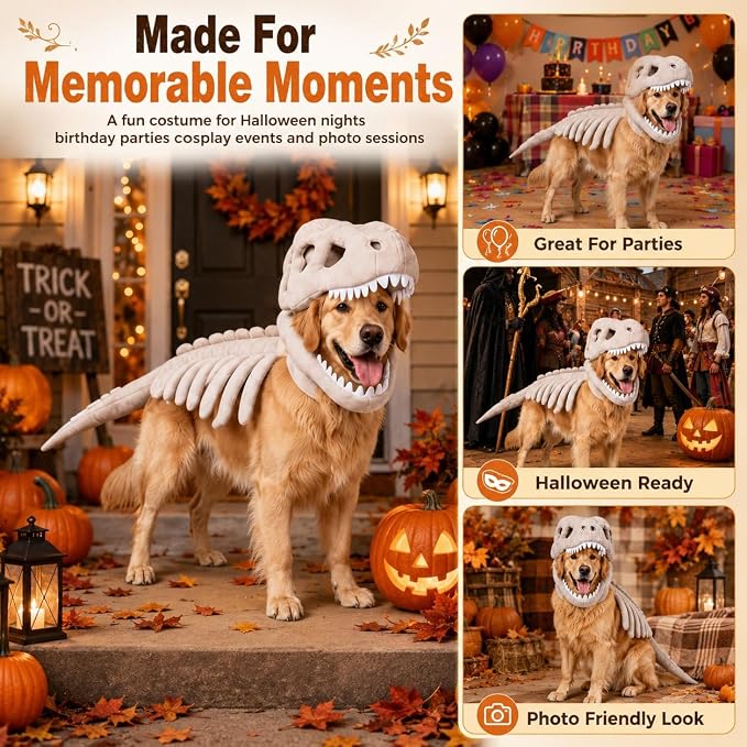 Pet Dinosaur Costume Spinosaurus Skeleton Skull Mask Plush Spine Large Dogs | Soft Lightweight Headpiece with Raised Back Ridge and Tail Suited to Halloween Cosplay Parties Photos Birthdays Large Breeds