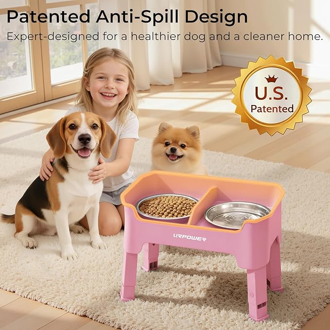 URPOWER Mess Proof Elevated Dog Bowls 4 Height Adjustable Raised Bowl Stand with 2 Stainless Steel Dog Bowls Non-Slip Food and Water Bowl Set for Small and Medium Dogs, Pink