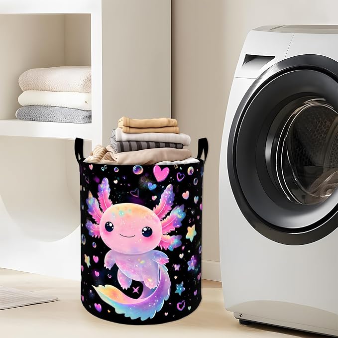 Fantasy Axolotl Laundry Basket, Colorful Star Heart Storage Hamper, Round Collapsible Waterproof Cloth Bin, 19.7x15.7 Inch Cute Pink Cartoon Clothes Organizer Gifts for Bathroom Decor