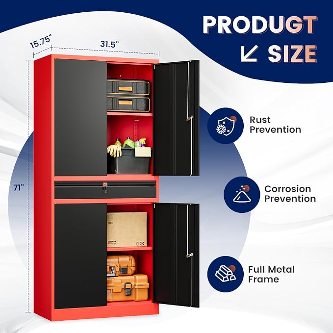 Metal Garage Storage Cabinet with Locking Doors and Adjustable Shelves,- 71" Tool Storage Cabinet with 1 Drawer for Garage,Office,Warehouse