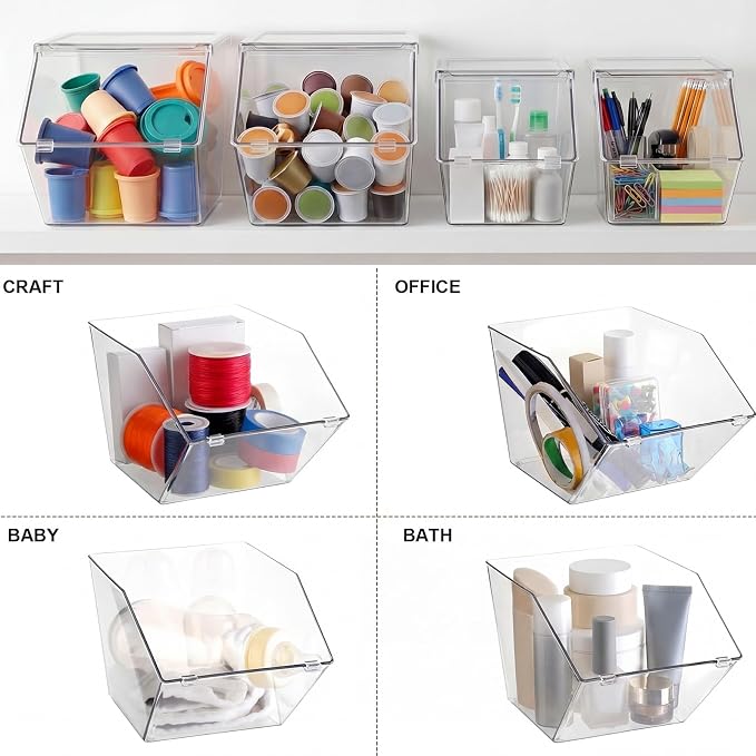Yerliker 4 Pcs Clear Plastic Storage Bins with Lids Stackable Pantry Storage Organizer Kitchen Cabinet Organizers Ideal Containers for Coffee Pod Tea Sugar Bag Cabinet Home (Large)
