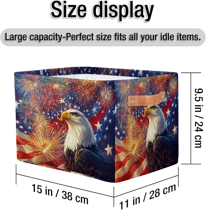 USA Flag Eagle Storage Baskets with Handles Fabric Storage Boxes Collapsible Nursery Basket for Shelves Book Cloth Closet Organizer Bins 15 X 11 X 9.5 IN