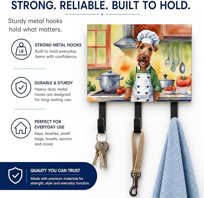 Caroline's Treasures Irish Terrier The Chef Leash or Key Holder Wall Hooks, Key Hooks Holder, Coat Rack Wall Mount, Coat Hooks, Hooks for Hanging Keys, Towels, Aprons, Leashes | Irish Terrier The Chef artwork on ceramic tile with three steel hooks for ...