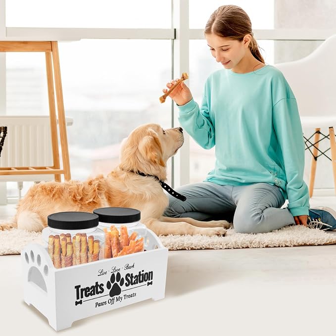 Dog Treat Container With 2 Plastic Jars, Farmhouse Pet Food Storage Organizer for Dogs and Cats (White)