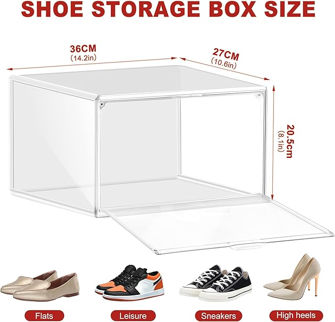 1 Pack Clear Plastic Shoe Boxes with Acrylic Magnetic Door, Size 12 | Shoe Storage Organizer for Closet, Stackable Shoes Rack Handbag Organizer Plastic Sneaker Storage Bin with Magnetic lids