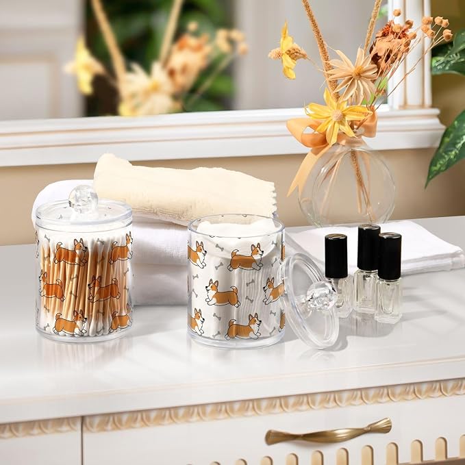 DOMIKING 2 Pack Plastic Cotton Swab Ball Pad Holder Cute Pets Dogs White Print Jars Bathroom Storage Organizer Vanity Canister Jar with Lid for Cotton Rounds Floss Picks Bath Salts