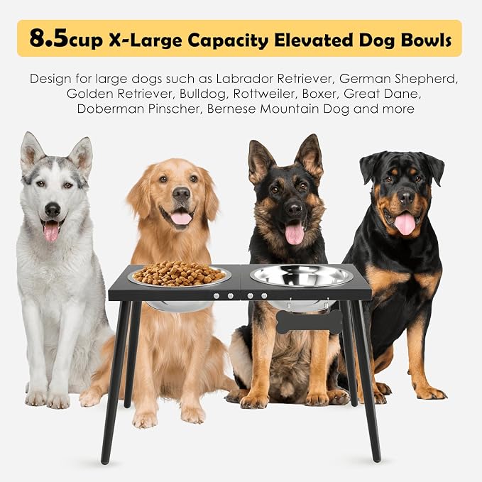 Metal Raised Dog Bowl Stand for Extra Large & Large, Dogs Food & Water Bowls 15" Tall,with Sprill Proof Mat, Raised Stand (70OZ-Stainless Steel Dog Bowls, Mat-20x31)