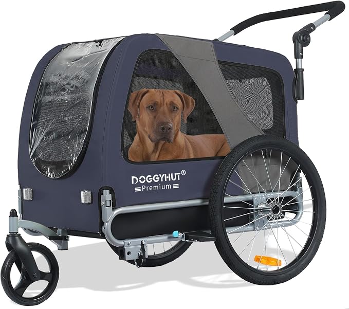 DOGGYHUT® Premium Large Pet Bike Trailer & Stroller Up to 77 lbs (Blue) | Bicycle Trailer for Small Medium or Large Dogs, Dog Bicycle Carrier, Low Center of Gravity, Folding Frame Cart