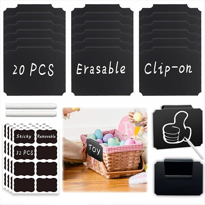 54-Piece Set of Basket Labels Clip On For Storage Bins: 20 Erasable Plastic Kitchen Pantry Labels, 32 Removable PVC Tag Stickers, 2 White Chalk Markers, For Organization Container, Jar, Shelf, Laundry | 20 Washable Plastic Kitchen Pantry Labels & 32 Re...