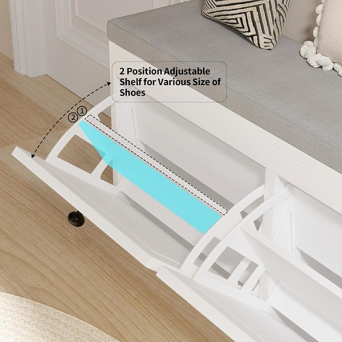 VOWNER Shoe Bench with 2 Flip Drawers, Shoe Organizer Storage Bench with Adjustable Shelves for Entryway, Hallway, Living Room (White)