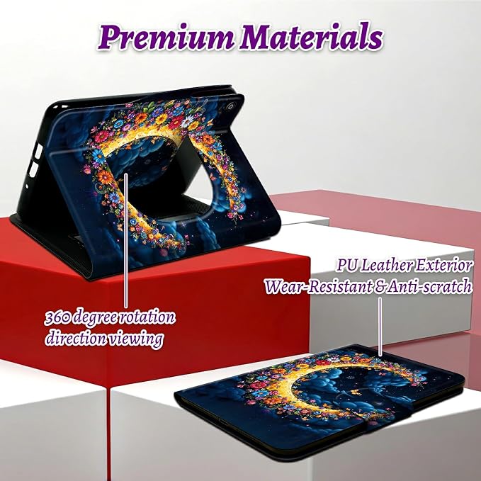 Rotating Handle Case for Samsung Galaxy Tab A8 10.5" 2022 (SM-X200/X205/X207), 360 Degree Swivel Kickstand with Magnetic Closure Shockproof Leather Cover for Women Men, Dark Clouds Moon