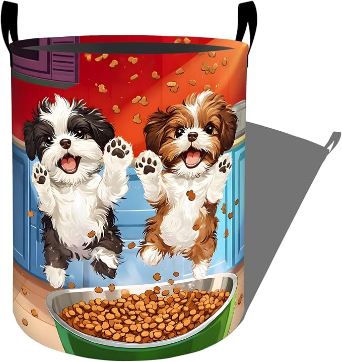 Funny Dog Laundry Basket, Puppy Pet Food Bowl Print Storage Hamper, Round Collapsible Waterproof Cloth Bin, 19.7x15.7 Inch Playful Clothes Organizer Gifts for Bathroom Decor
