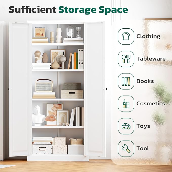 Greenvelly Metal Storage Cabinet, 63" H White Metal Storage Cabinet with Doors and 4 Shelves, Steel Cabinets for Living Room, Office, School (White - Modern)