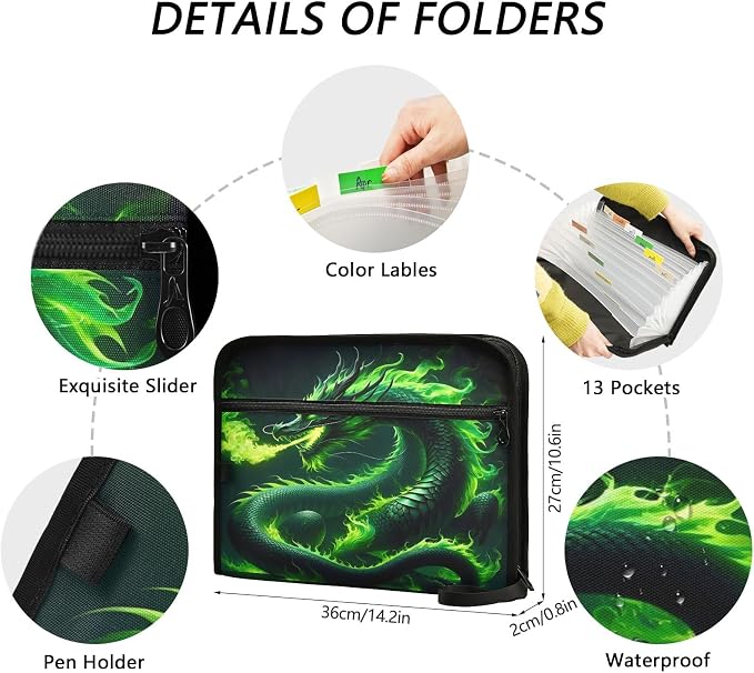 Green Fire Dragon File Organizer 13 Pocket Expanding File Folder with Front Pouch Portable Business Fire Storage Document Organizer Folder with Zipper