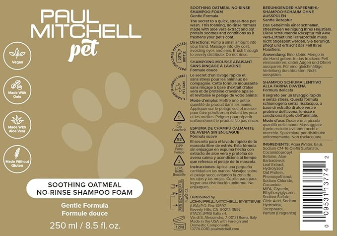 Paul Mitchell Pet Soothing Oatmeal Waterless No-Rinse Shampoo Foam for Dogs, Gentle Formula, 8.5 fl. oz