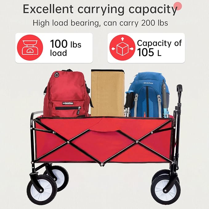 FDW Collapsible Wagon Folding Beach Grocery Garden Cart with 4 Universal Wheel for Shopping Park Picnic, Trip, Outdoor Activities, Camping(Red)