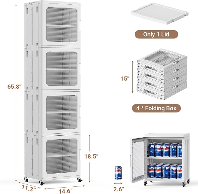BROVIEW 4-Tier Tall Narrow Storage Cabinet 14.6” Wide, Slim Bathroom Cabinets with Adjustable Shelves and Doors, Plastic Kitchen Pantry Organizers and Storages for Small Space, Laundry, White