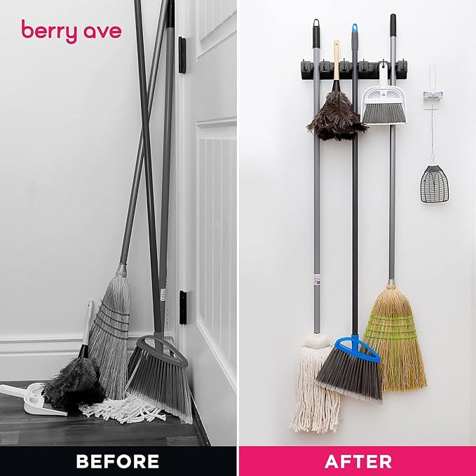 Broom Holder Wall Mount, Broom and Mop Organizer Wall Hanging Rack & Hanger | (Black) Broom Hanger Wall Mount, Mop and Broom Holder Wall Mount, Mop Holder, Hanger for Brooms and Mops, 5 Slots 6 Hooks