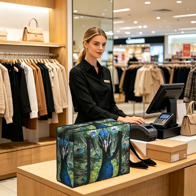Large Capacity Packing Tote, Peacock With Open Tail Green, Waterproof Moving Bag with Zippered Closure for Bedding, Blanket and Seasonal Storage