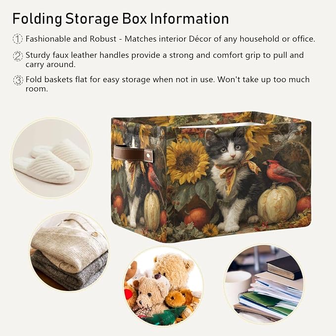 Fall Cat Yellow Sunflowers Rectangular Storage Bin Basket with Handles - Laundry Storage Basket Organizer Bins for Pets Room Books Closet