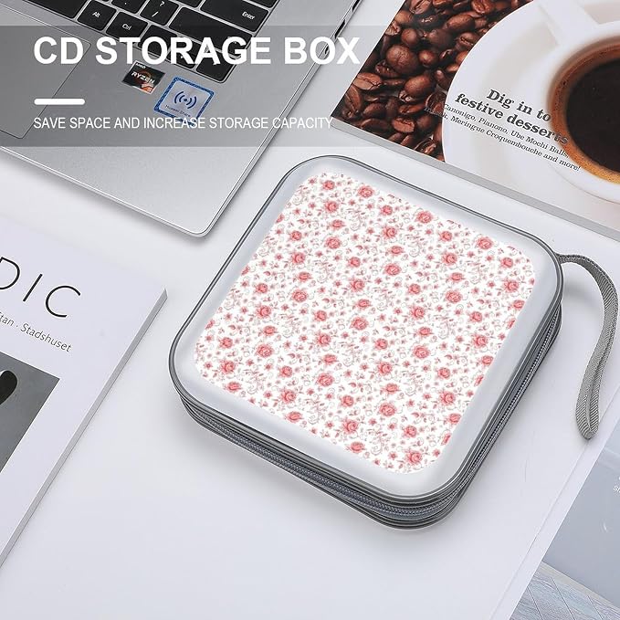 Portable CD/DVD Holder Pink Flowers Rose Floral, 40-Capacity Hard Case with Zipper, Protective Storage Binder for Music Movies Game Discs