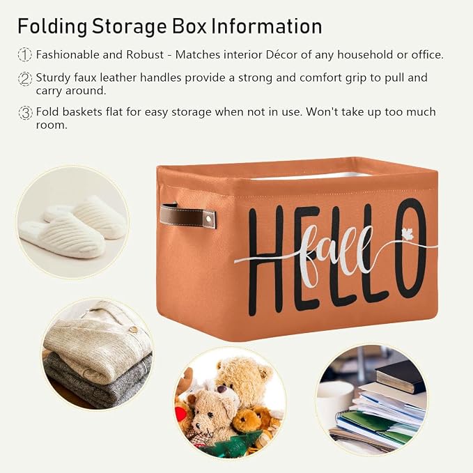 Hello Fall Orange Storage Basket Fabric Kitchen Baskets Autumn Pumpkin Open Home Storage Bins Boxes Foldable Organizer Bag for Baby Cloth Pet Toy Book Shelf Closet Baskets 2 Pack 16×12×8 Inches