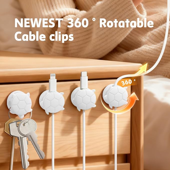 Rotatable Cable Clips, 8 Pack Cord Holder for Nightstand White | Self-Adhesive Cord Clips, Dorm Room Essentials, Cable Holder for Cords, Cord Management for Desk Office Car Wall