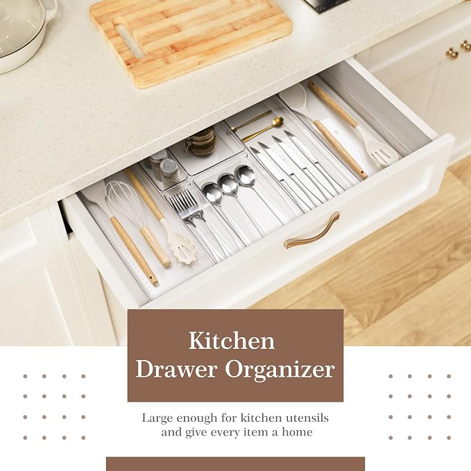 14 PCS Clear Plastic Drawer Organizer Set - 5 Large Size Versatile Kitchen and Bathroom Organizer Trays, Non-Slip Storage Bins for Makeup, Utensils, Tool and Office Desk