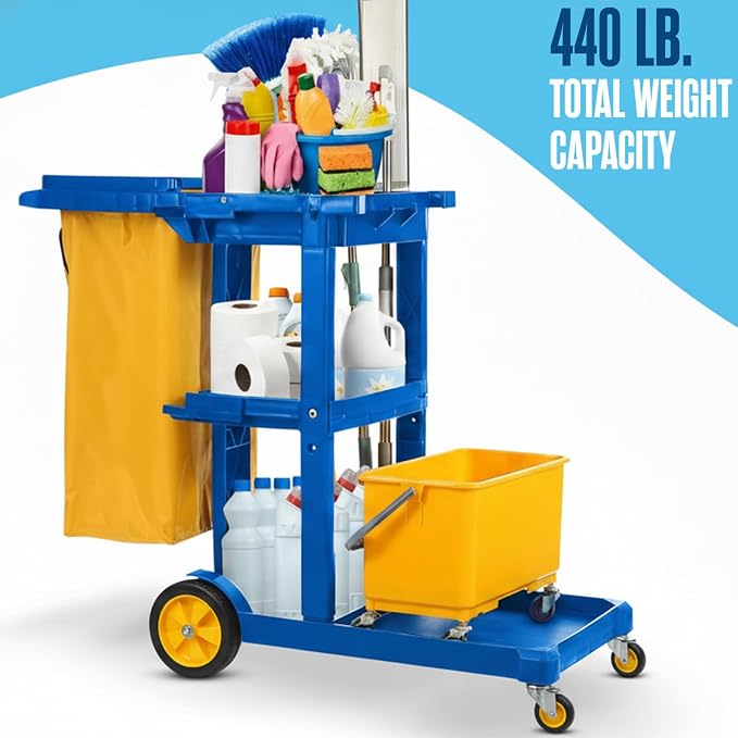 Cleaning Cart, Janitorial Cart, Cleaning Caddy with Wheels, Maid 440 LB | Houseables for Housekeeping, Janitor, Custodian, House Keeping, Maintenance, Rolling Supply Organizer, Custodial, Commercial