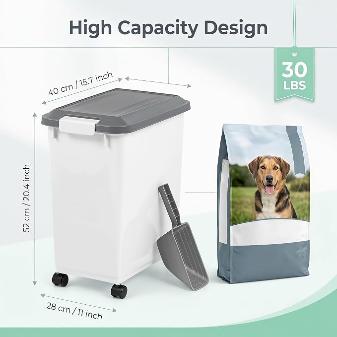 Airtight Pet Food Storage Container 30 lbs – Large Stackable Bin for Dog & Cat Dry Kibble, with Scoop, Freshness Seal, Durable Plastic, Ideal for Pantry & Kitchen