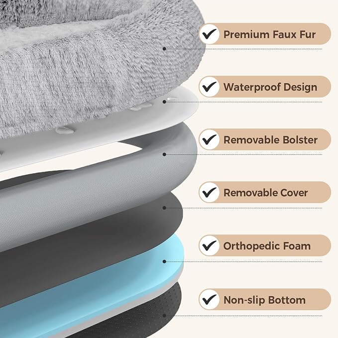 Human Dog Bed for Adult, 71"x48" Large Pet Dog Bed, Light Grey | Adult Dog Bed for Humans with Pillow & Blanket, Fluffle Cloud Dog Bed with Orthopedic Foam Bolster, Durable Zipper, Portable