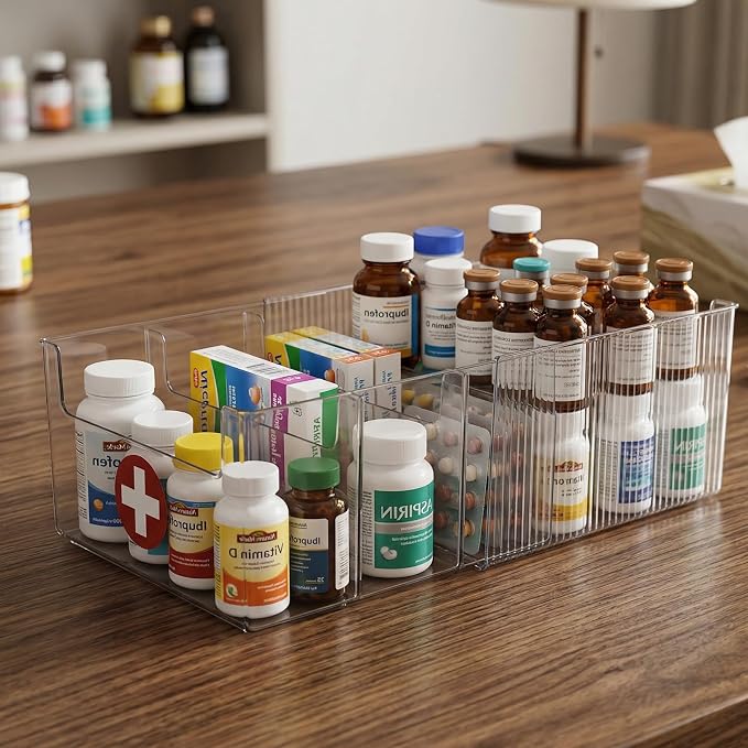 Expandable Medicine Cabinet Organizer, Clear Medication Storage Bin with Removable Divider, Vitamin Bottle Organizer for Countertop Bathroom Cabinet, Prescription Bottle and First Aid Supplies