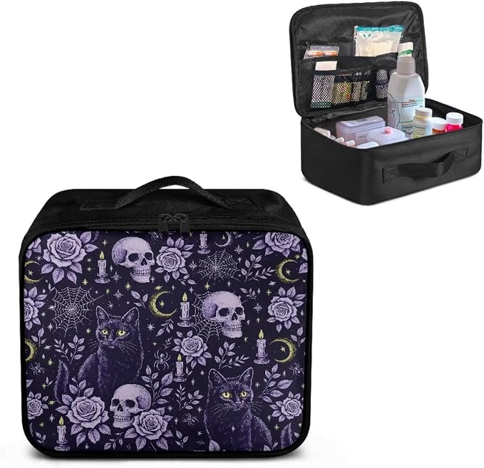 Empty First Aid Kit Purple Gothic Cat Skull Large Capacity Camping Trips and Car Safety Storage Includes Water-Resistant Lining Soft Interior Washable Exterior