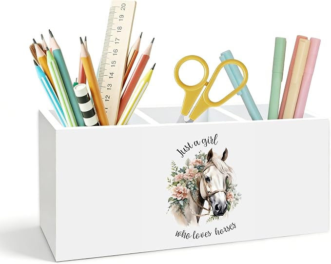Horse Pen Holder for Desk, Horse Gifts for Women, Just a Girl Who Loves Horses Wooden Box Pencil Pen Holder Organizer for Home Office Desk Accessories